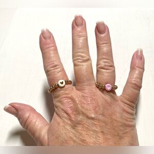 Gold Bead Stretch Rings w/ Pink Heart Charms (NWT) Boho-chic Preppy Classic